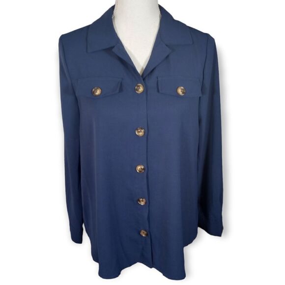 SHEIN NAVY BLUE BUTTON DOWN SHIRT SZ.XS EUC - Picture 1 of 6